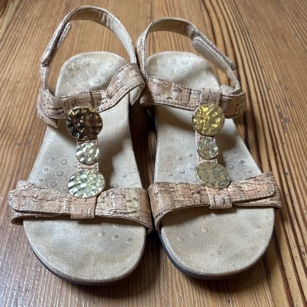 Vionic Farra Sandals Women Tan Cork Metallic Gold Strappy Boho SIZE 9.5
